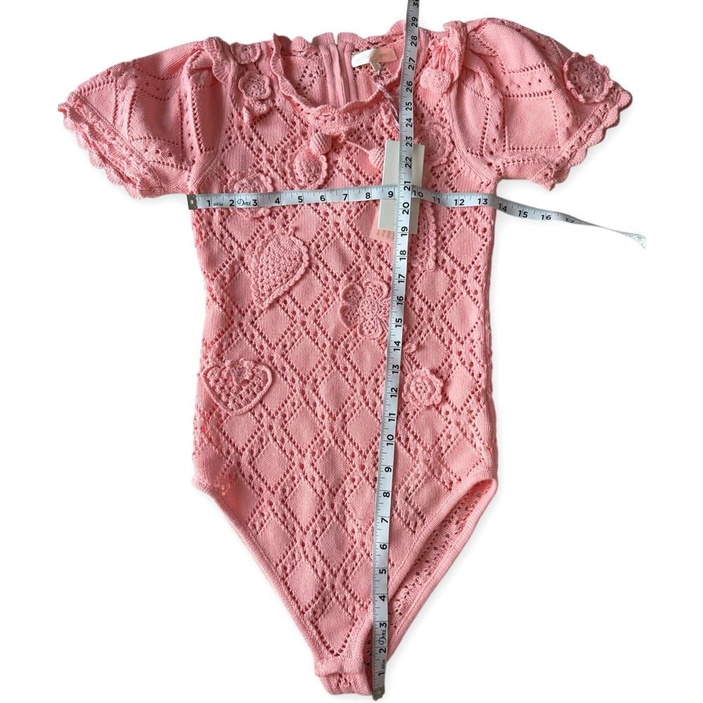 LoveShackFancy NWT Forte Small Peach Pink Strawberry Appliqué Knit Bodysuit - Picture 12 of 16